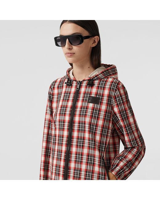 Burberry Red Logo Appliqué Tartan Parka Jacket