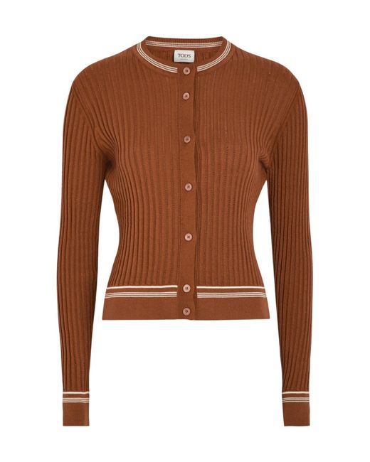 Tod's Brown Striped Trims Cotton-Knit Cardigan
