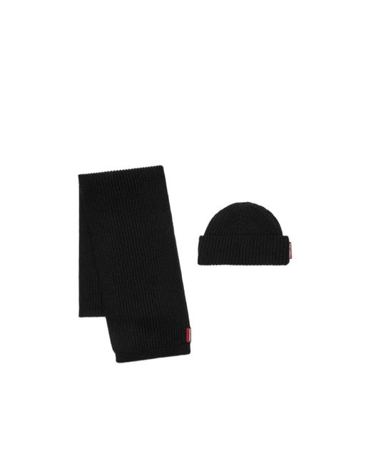 DSquared² Black Logo Tag Ribbed-Knit Beanie Scarf Set for men