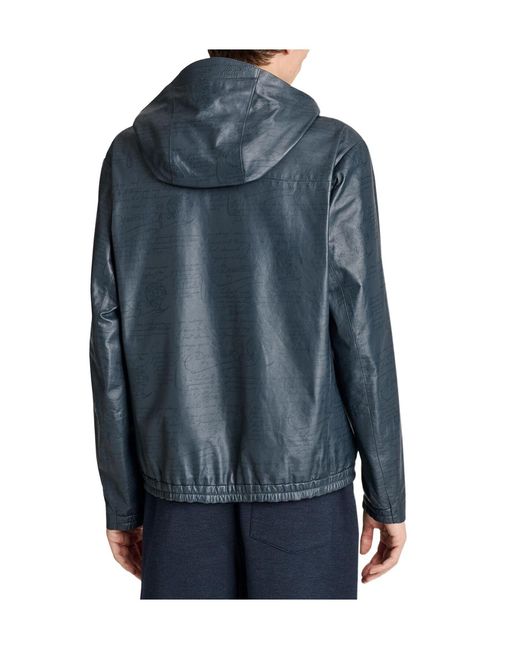 Berluti Blue Long-Sleeved Zipper Leather Jacket for men