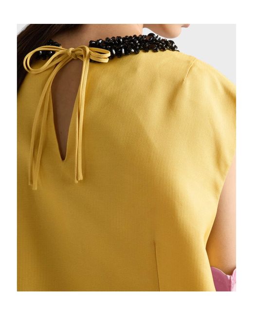 Prada Yellow Embroidered Slubbed Gazar Dress