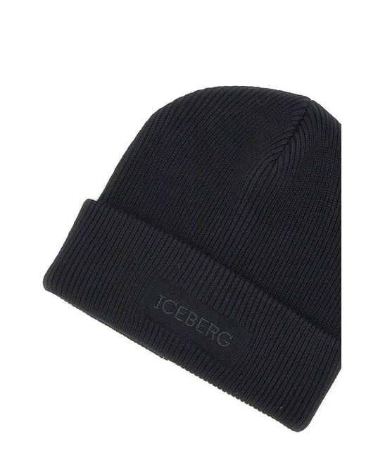 Iceberg Blue Ribbed Logo Beanie Hat for men
