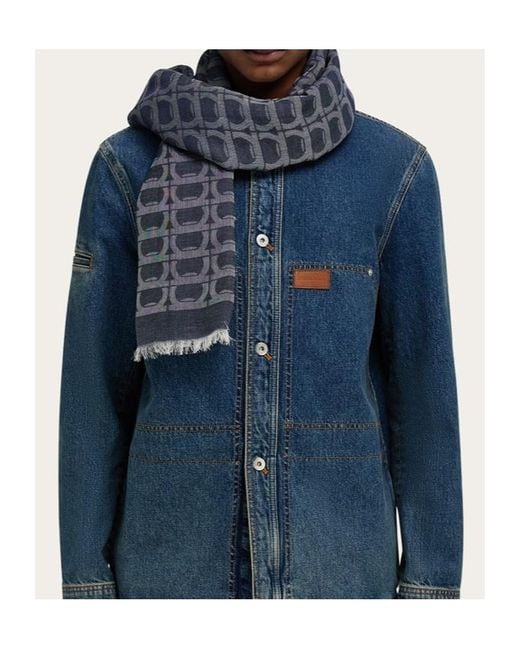 Ferragamo Blue Ferragamo Gancini Frayed-Edge Scarf for men