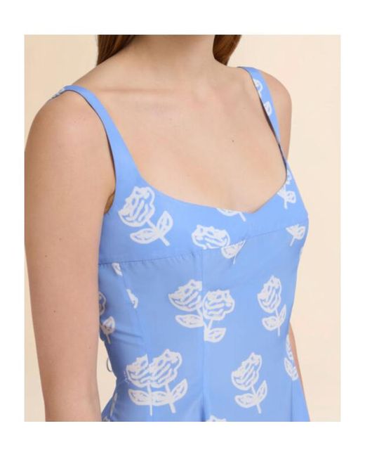 Marni Blue Light Poplin Flared Dress With Sprayed Roses Print