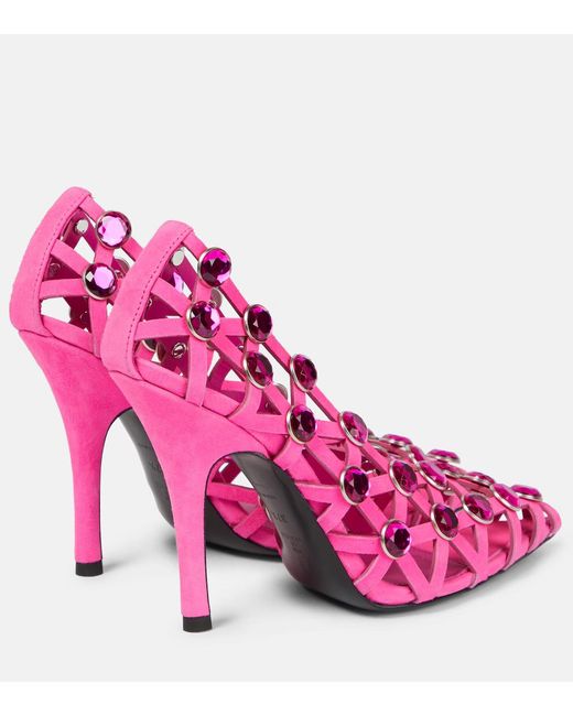 The Attico Pink Grid Crystal-Embellished Suede High-Heeled Sandals