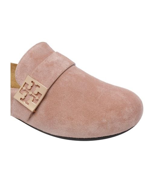 Tory Burch Pink Mellow Metal-Logo Suede Mules