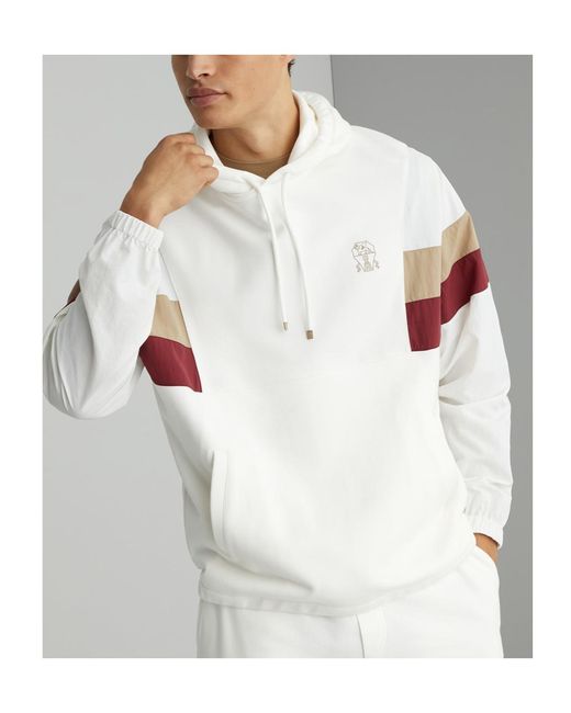 Brunello Cucinelli White Panelled Logo-Printed Drawstring Hoodie for men