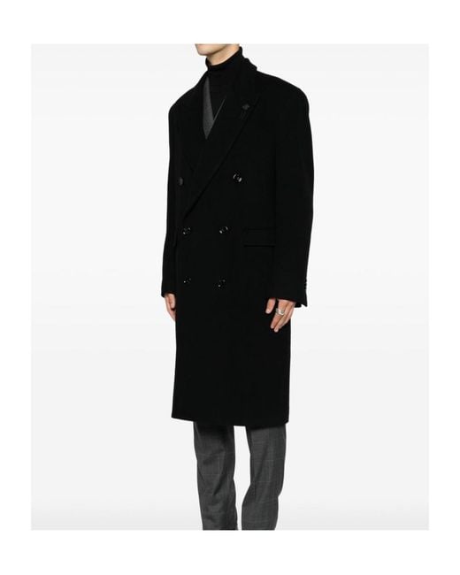 Lardini Black Double-Breasted Peaked-Lapel Coat for men