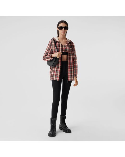Burberry Red Logo Appliqué Tartan Parka Jacket