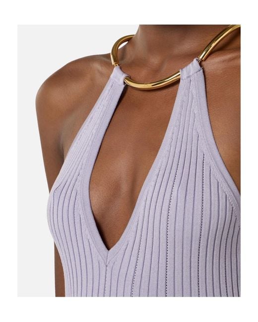Elisabetta Franchi Purple Openwork Knit Necklace-Detail Dress