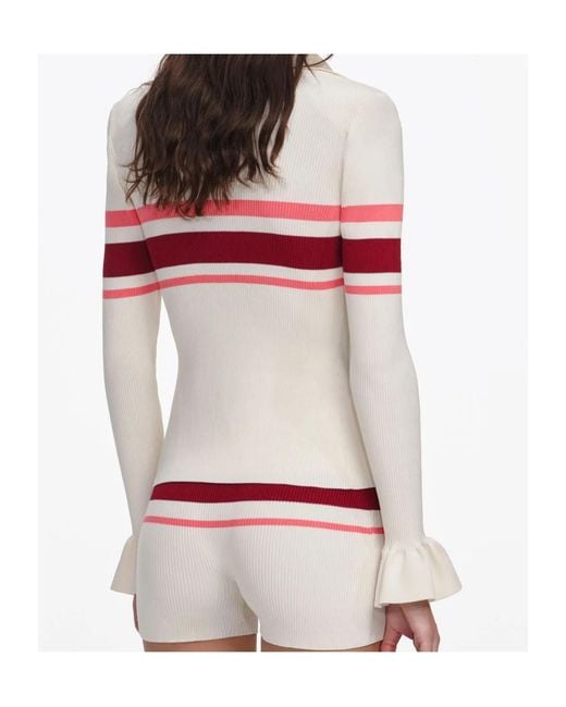 Self-Portrait Red Striped Ruffled-Cuff Ribbed Cardigan