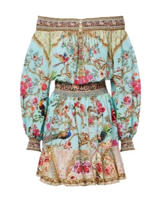 Camilla Blue Embellished Off-Shoulder Silk Crepe Mini Dress