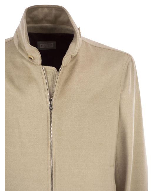 Brunello Cucinelli Natural Virgin Wool Bomber Jacket With Stand Collar for men