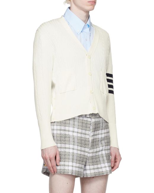 Thom Browne White 4-Bar Stripe Cable Knit Cardigan for men