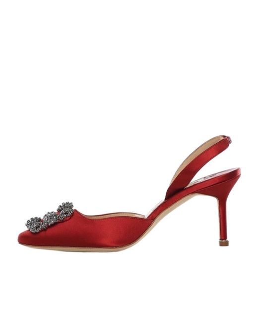 Manolo Blahnik Red Hangisli Buckled Slingback Satin Pumps