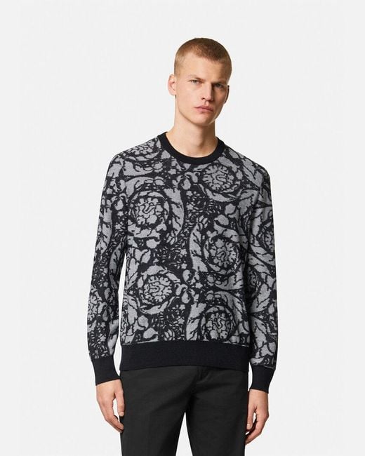 Versace Gray Baroque Motif Crewneck Knitted Jumper for men