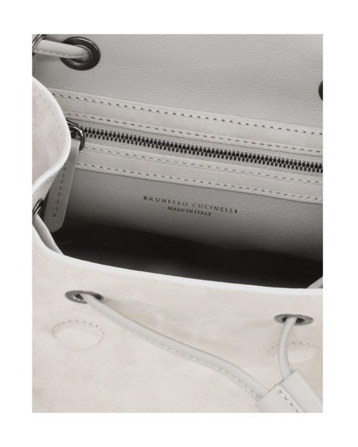 Brunello Cucinelli White Logo Embossed Drawstring Backpack