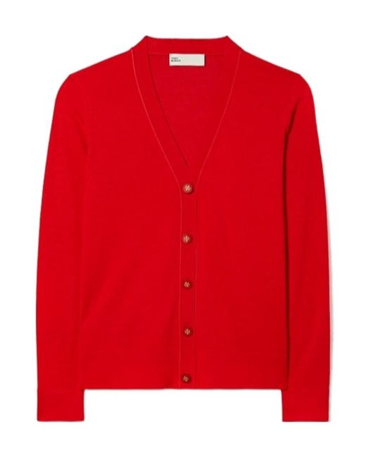 Tory Burch Red Wool V-Neck Button Knitted Cardigan