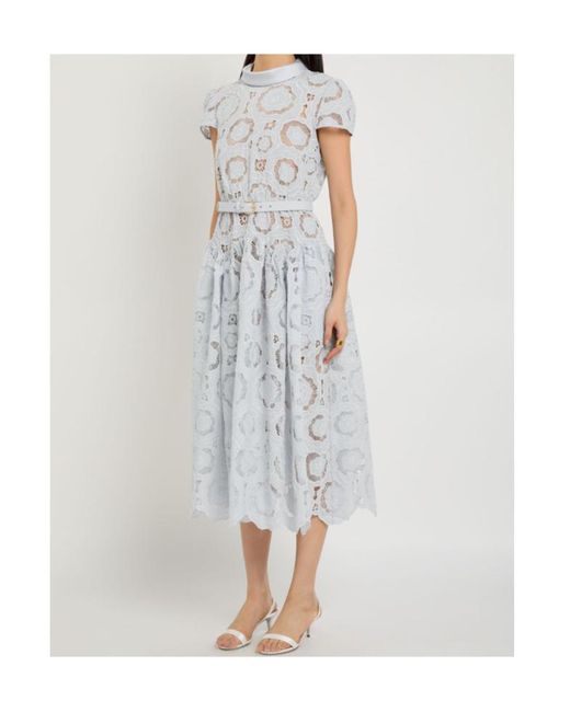 Self-Portrait White Belted Floral Lace Midi Dress