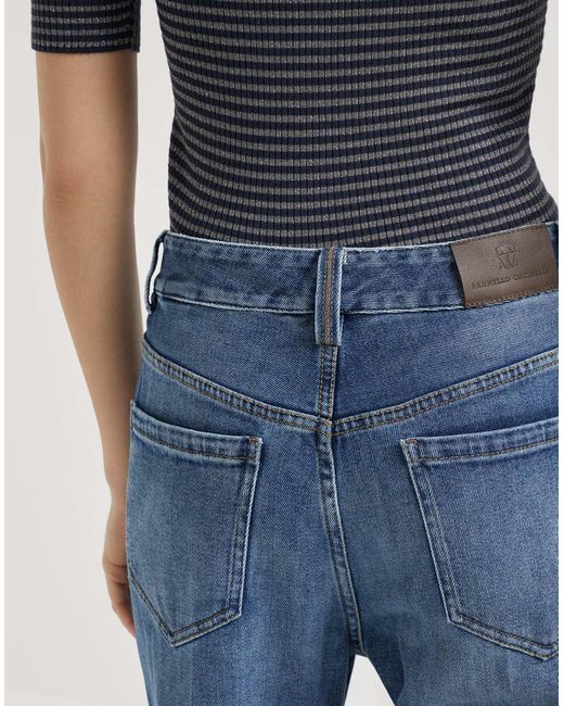 Brunello Cucinelli Blue Logo Patch Straight Leg Jeans
