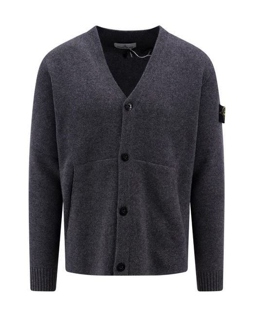 Stone Island Blue V-Neck Long-Sleeved Knitted Cardigan for men