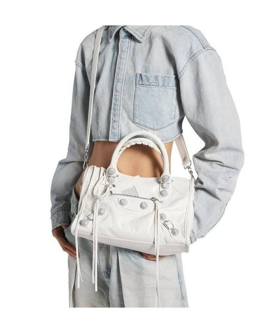 Balenciaga White Le City Bag Small Giant Studs With Rhinestones