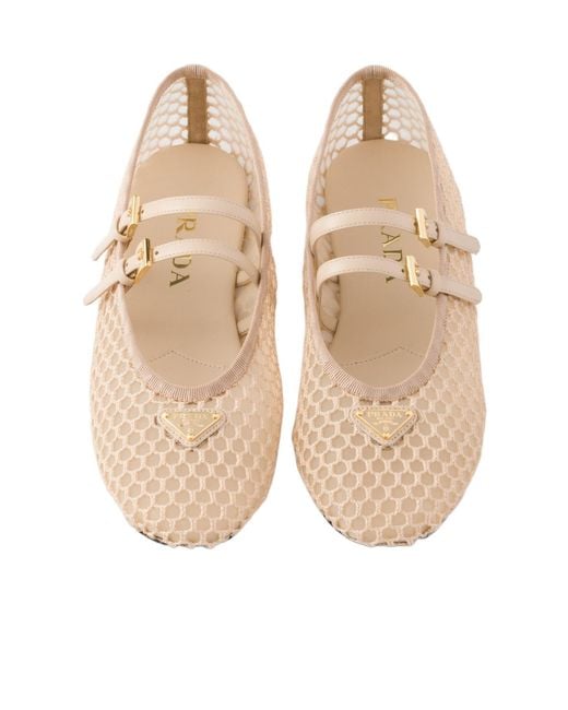 Prada Natural Triangle-Logo Mesh Ballet Flats