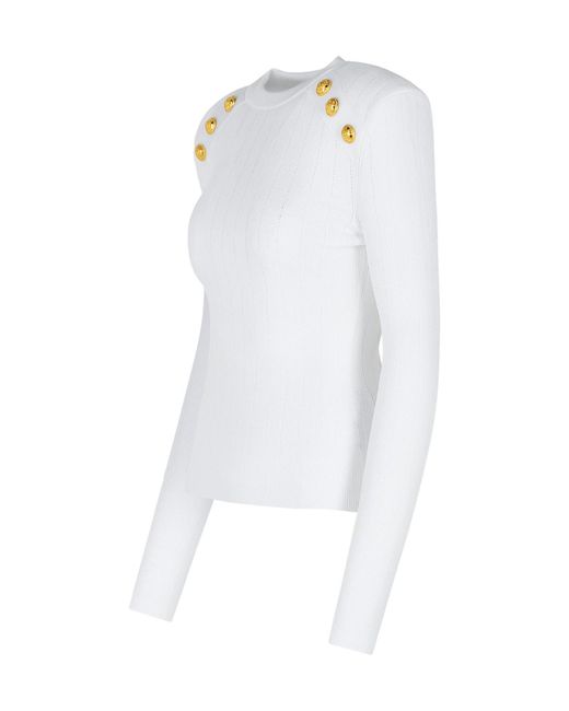 Balmain White Button Embellished Knitted Jumper