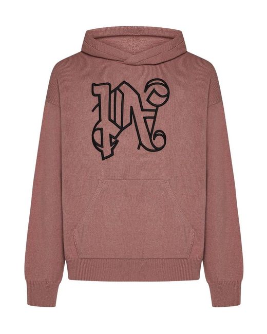 Palm Angels Pink Monogram Embroidered Knitted Hoodie for men