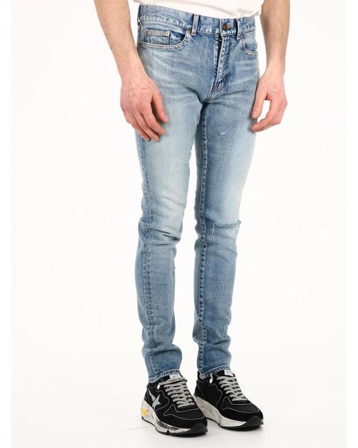 Saint Laurent Blue Distressed Skinny-Fit Denim Trousers With Belt Loops for men