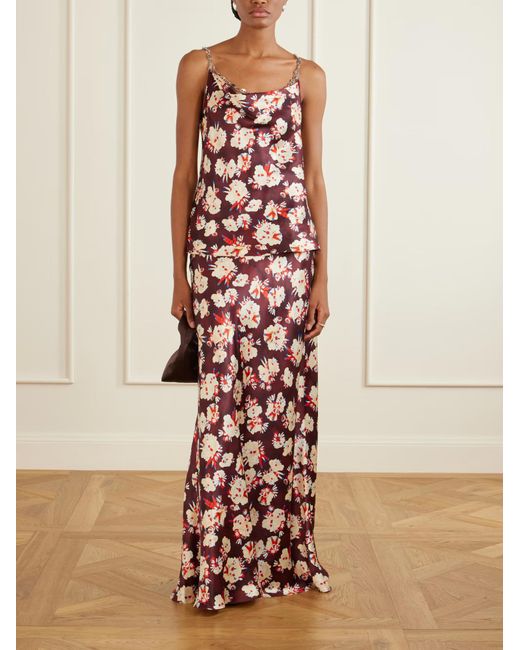 Rabanne Red Floral-Pattern Silk Maxi Skirt