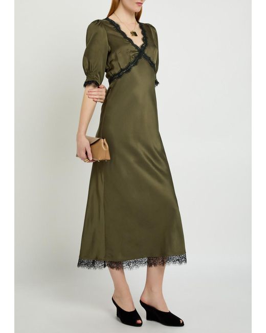 Rixo Green Annina Lace-Embellished Satin Midi Dress
