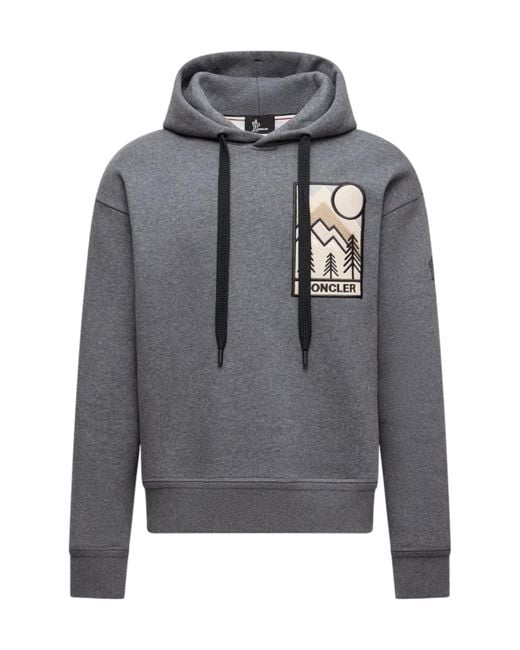 Moncler Gray Grenoble Mountain Logo Drawstring Hoodie for men