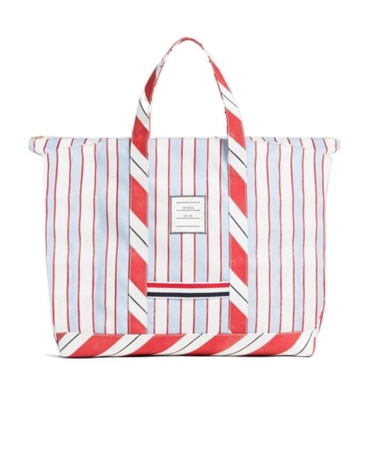 Thom Browne White Striped Medium Tool Tote Bag for men