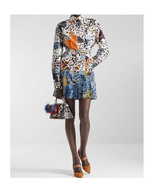 Fendi Blue Falena Print Belted Pleated Mini Dress