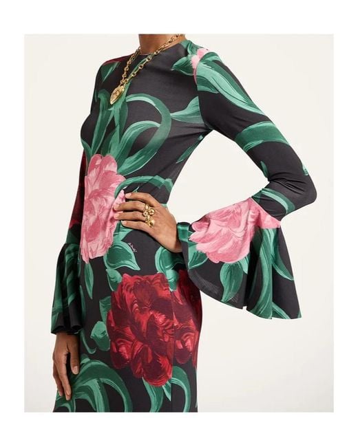 LaDoubleJ Green Alba Floral Ruffled Midi Dress