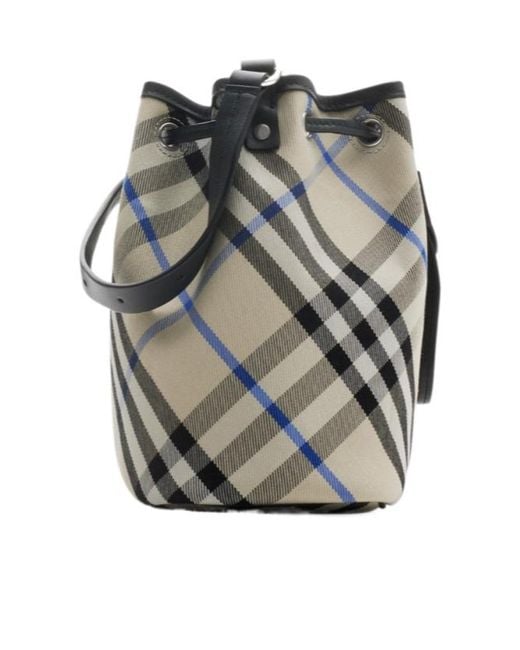 Burberry Gray Mini Checked Drawstring Bucket Bag