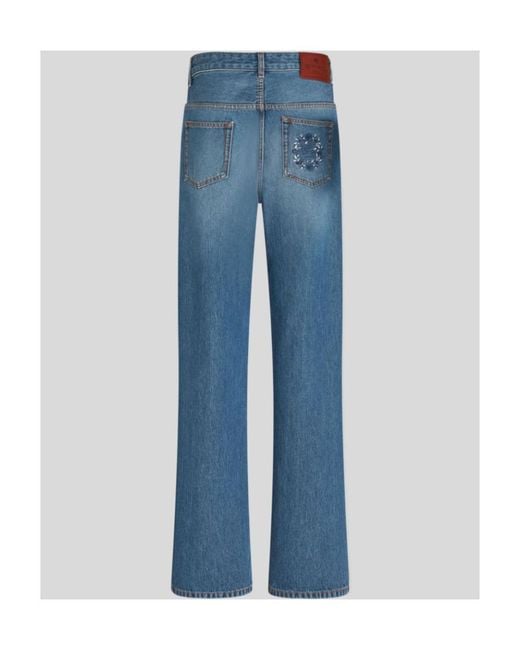 Etro Blue High-Waist Pegaso-Embroidered Wide-Leg Jeans