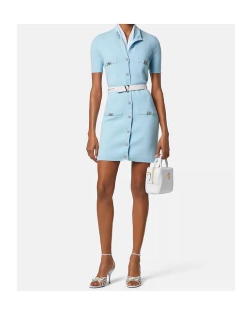 Versace Blue Crewneck Knitted Shirt Dress