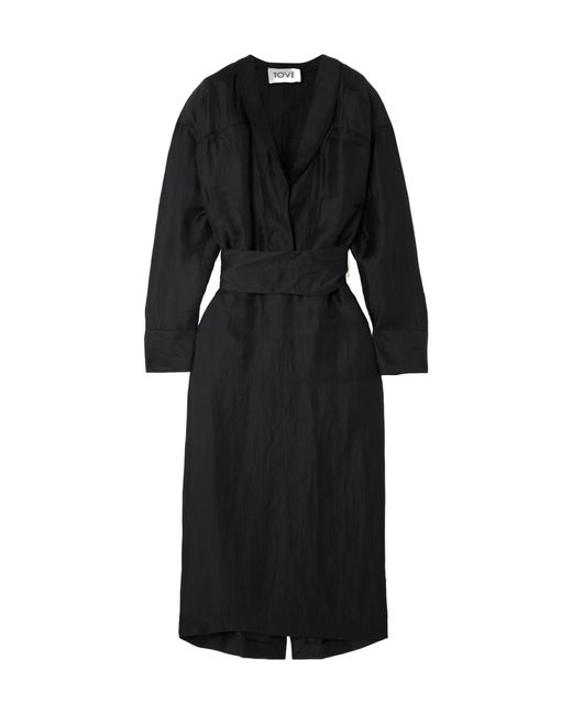 TOVE Black Rhys Belted Linen And Silk-Blend Midi Dress