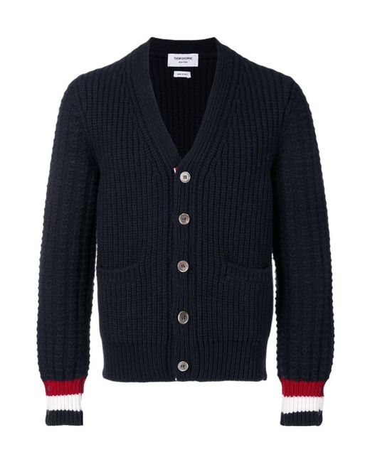 Thom Browne Blue V-Neck Knitted Cardigan for men