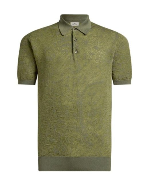 Etro Green Floral Paisley Motif Knit Polo Shirt for men