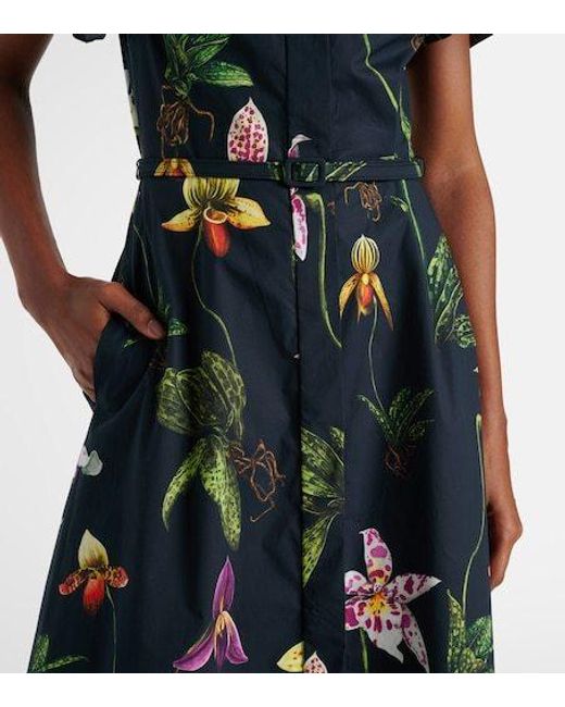 Oscar de la Renta Green Floral Cotton-Blend Midi Dress
