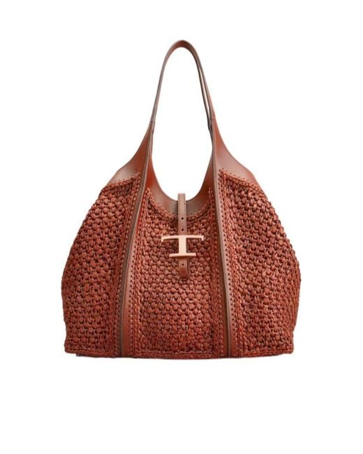Tod's Red Timeless Raffia Shoulder Bag