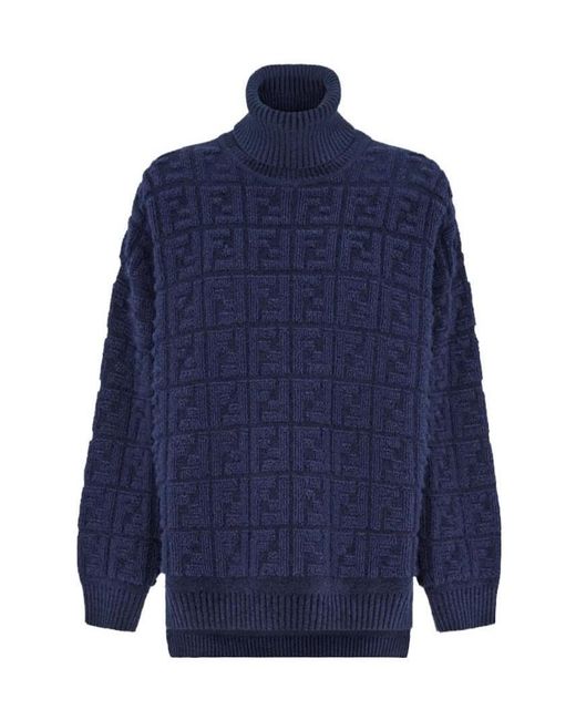 Fendi Blue Knitted Ff Motif Patterned Sweater