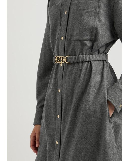 Moncler Gray Belted Wool-Blend Midi Shirt Dress