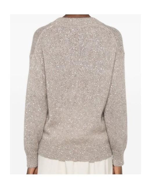 Brunello Cucinelli Natural Sequin-Embellished V-Neck Sweater
