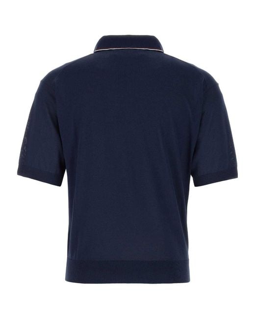 Prada Blue Logo Embroidered Short-Sleeved Knitted Polo Shirt for men