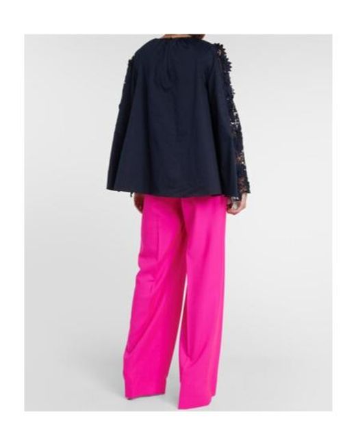 Oscar de la Renta Blue Lace-Detail Cotton Blouse