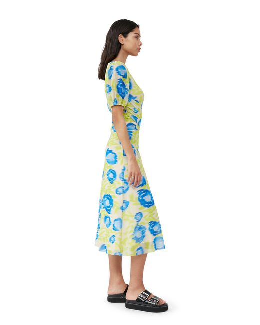Ganni White Printed Mesh Puff Sleeved Midi Dress